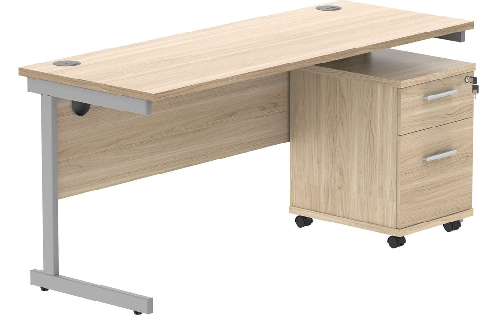 Core Single Upright Desk with 2 Drawer Mobile Pedestal in Canadian Oak