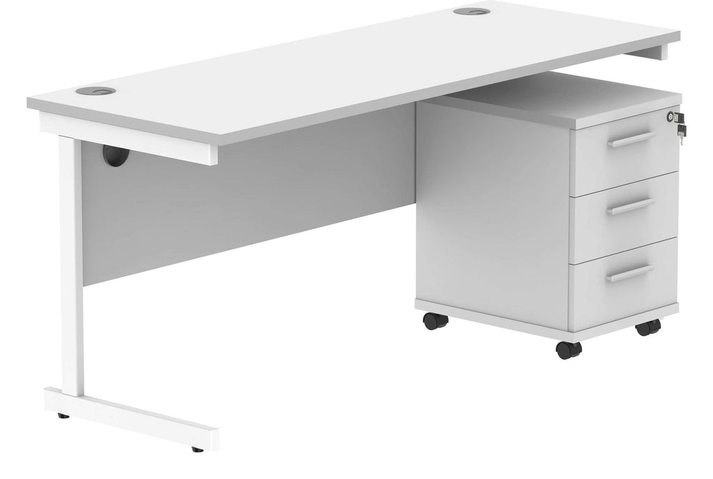 Core Single Upright Desk with 3 Drawer Mobile Pedestal in Arctic White