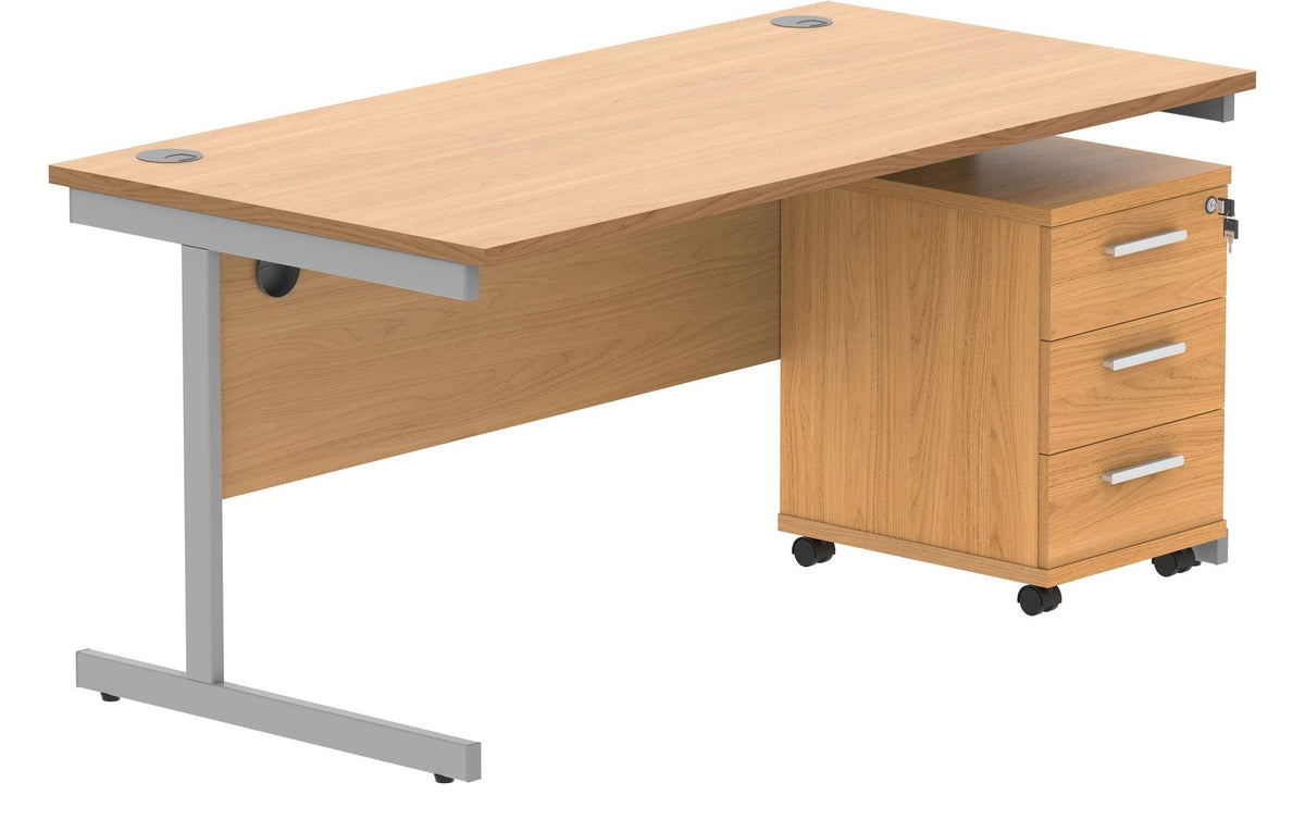 Core Single Upright Desk with 3 Drawer Mobile Pedestal in Norwegian Beech