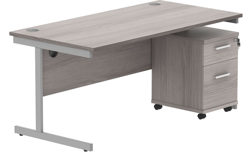 Core Single Upright Desk with 2 Drawer Mobile Pedestal in Alaskan Grey Oak