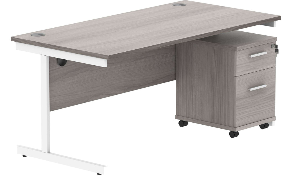 Core Single Upright Desk with 2 Drawer Mobile Pedestal in Alaskan Grey Oak