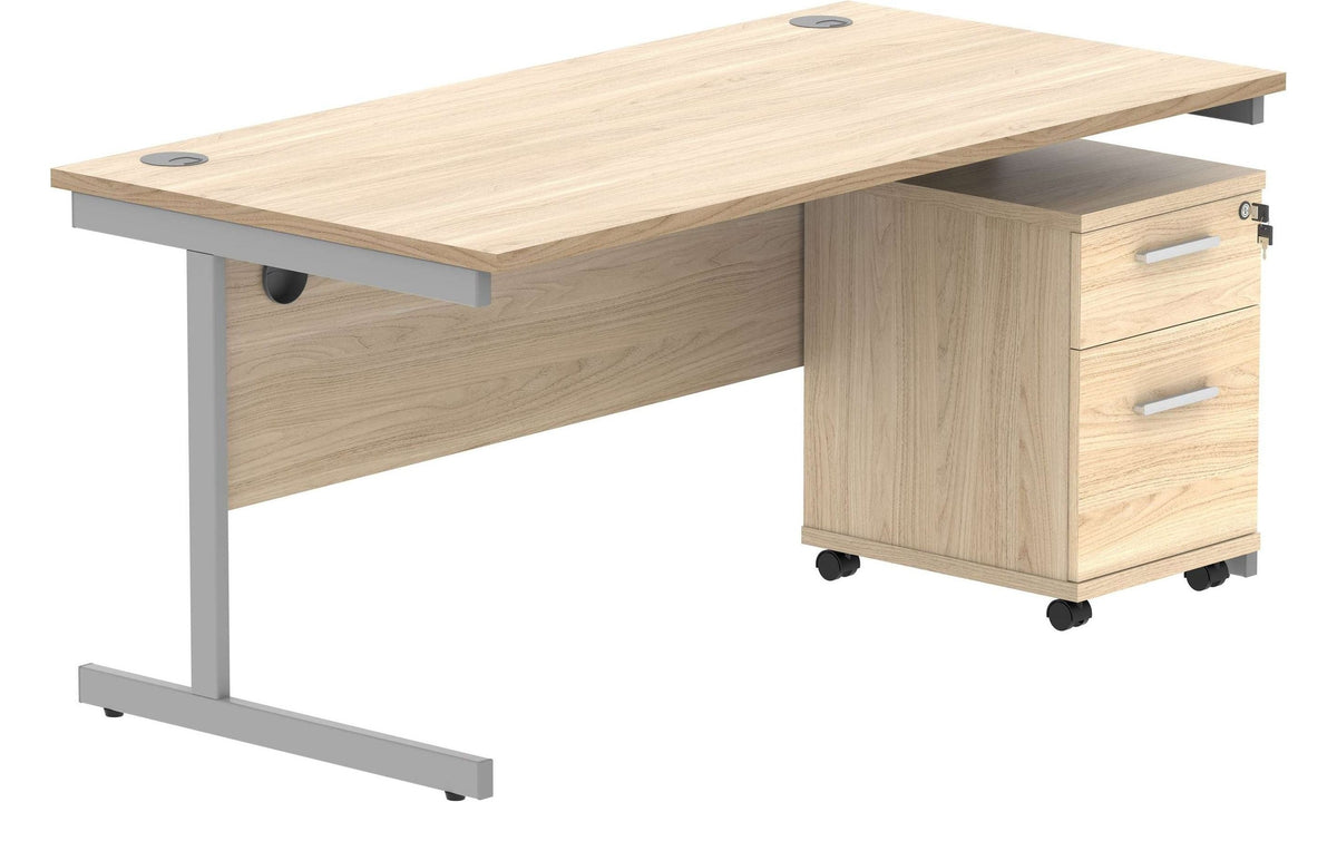 Core Single Upright Desk with 2 Drawer Mobile Pedestal in Canadian Oak