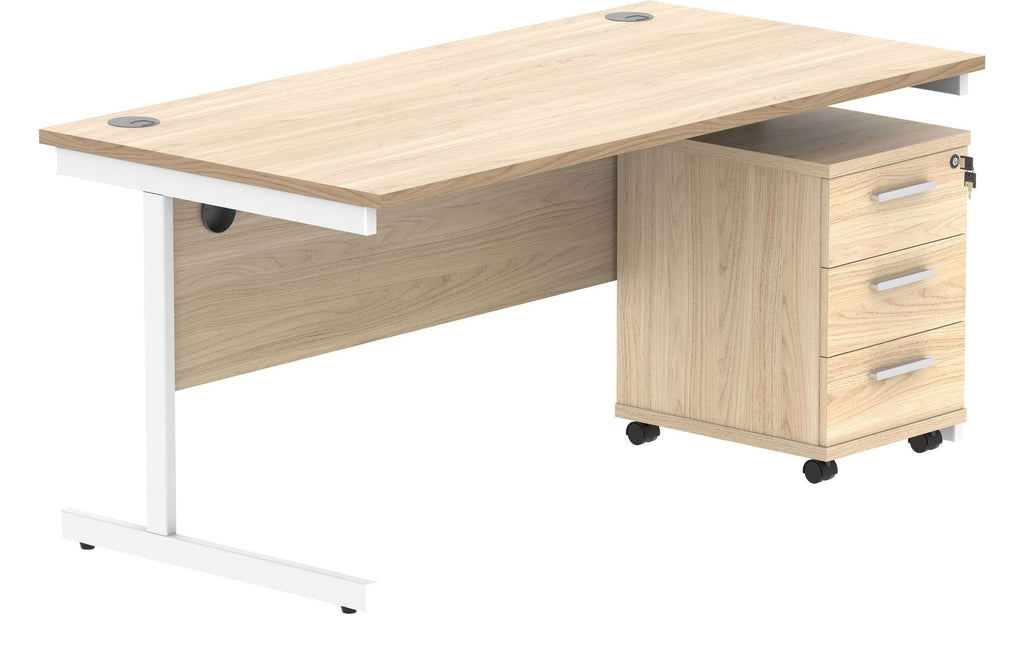Core Single Upright Desk with 3 Drawer Mobile Pedestal in Canadian Oak