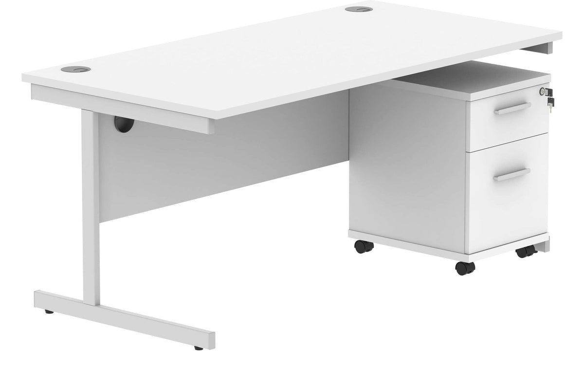 Core Single Upright Desk with 2 Drawer Mobile Pedestal in Arctic White