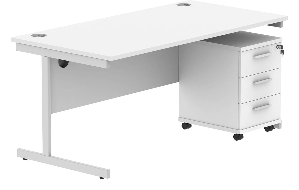 Core Single Upright Desk with 3 Drawer Mobile Pedestal in Arctic White