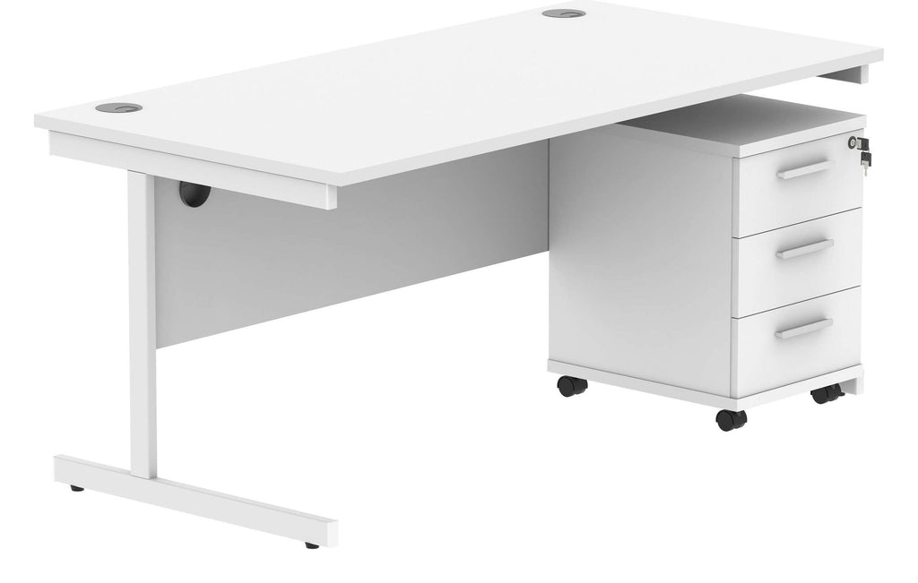 Core Single Upright Desk with 3 Drawer Mobile Pedestal in Arctic White