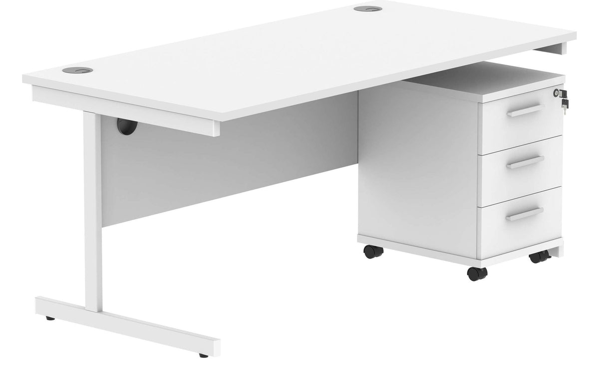 Core Single Upright Desk with 3 Drawer Mobile Pedestal in Arctic White