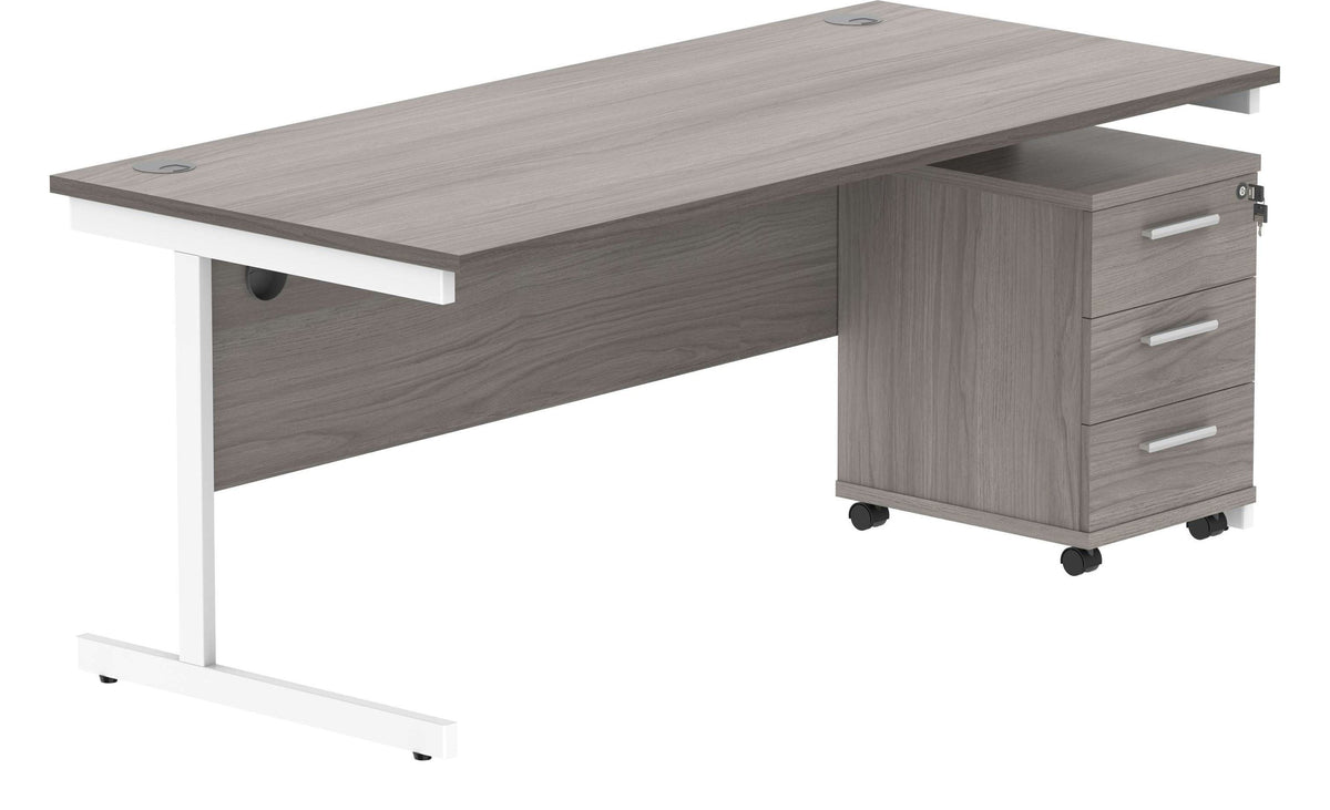 Core Single Upright Desk with 3 Drawer Mobile Pedestal in Alaskan Grey Oak