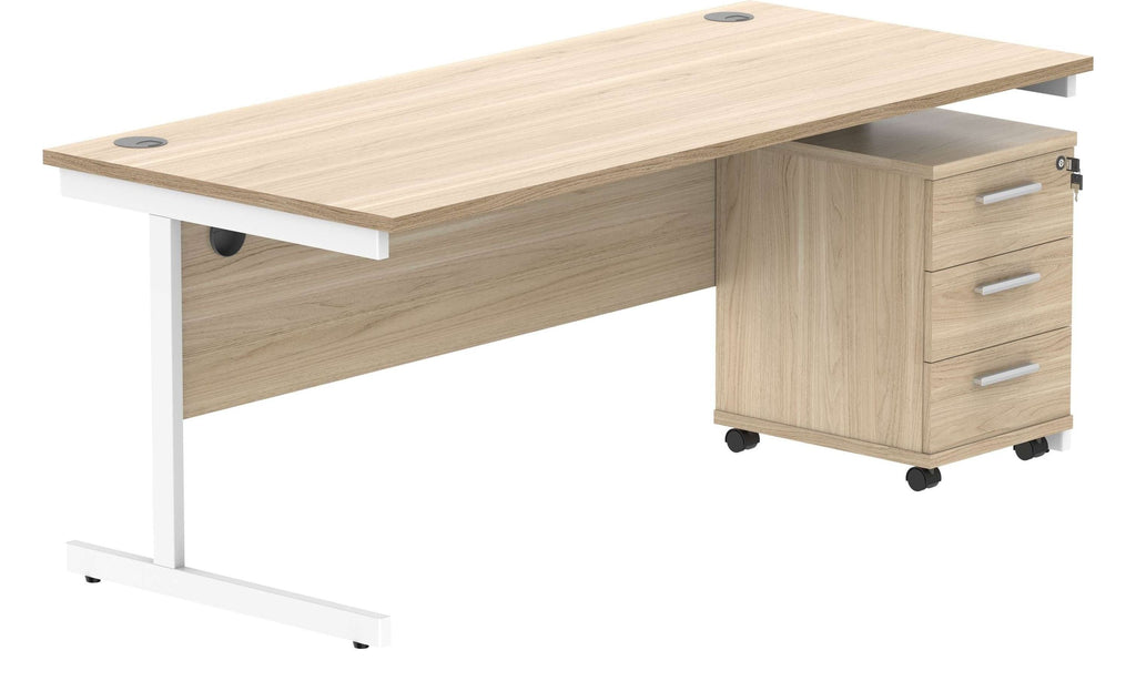 Core Single Upright Desk with 3 Drawer Mobile Pedestal in Canadian Oak