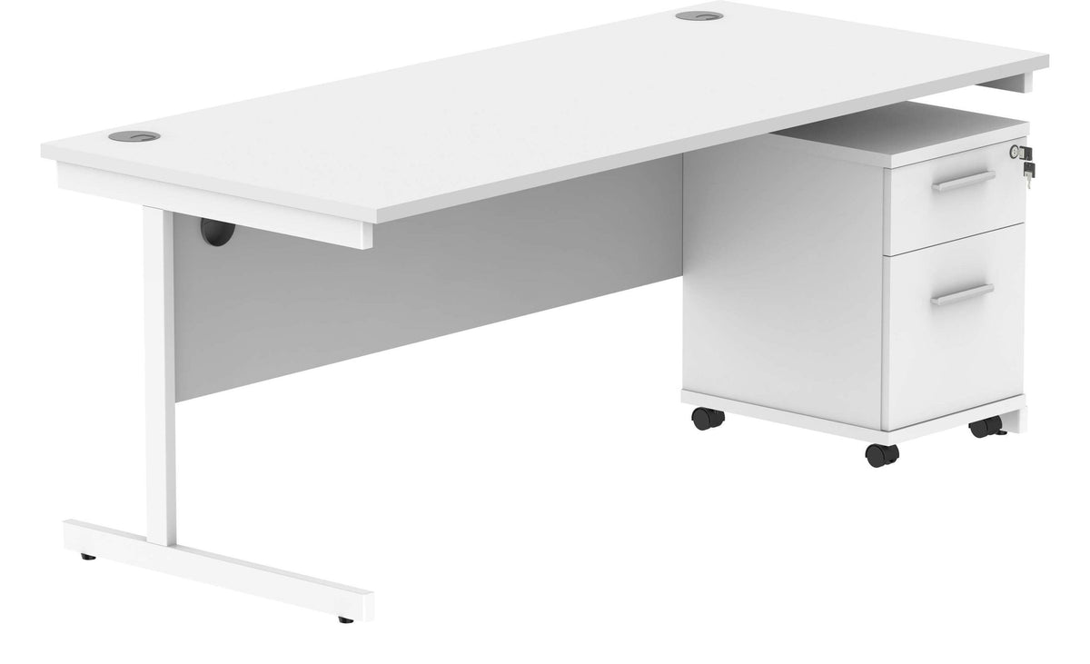 Core Single Upright Desk with 2 Drawer Mobile Pedestal in Arctic White