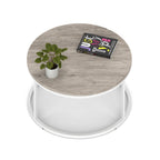 Impulse Round Coffee Table with Metal Frame, grey oak top, white frame, 800mm, view 2