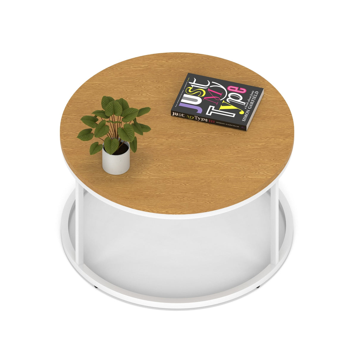 Impulse Round Coffee Table with Metal Frame, oak top, white frame, 800mm, view 2