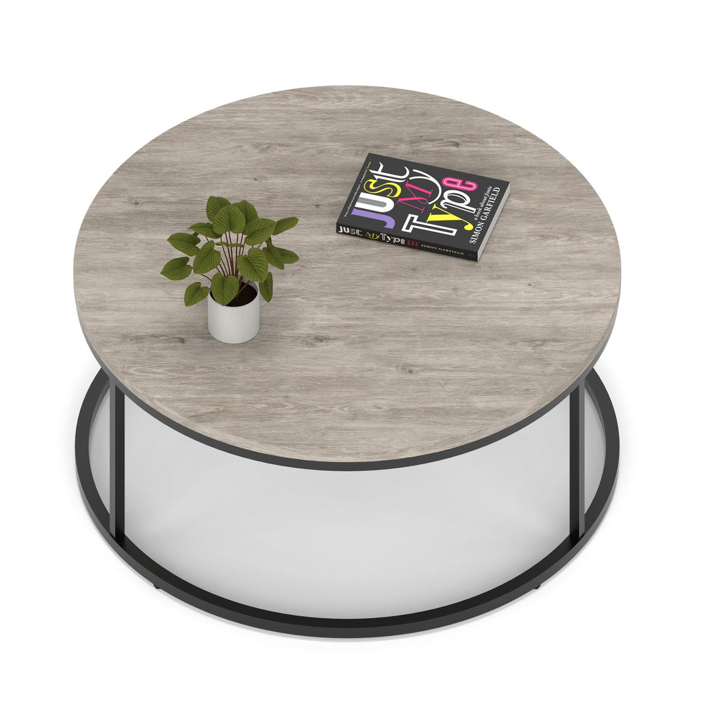 Impulse Round Coffee Table with Metal Frame, grey oak top, black frame, 1000mm, view 2