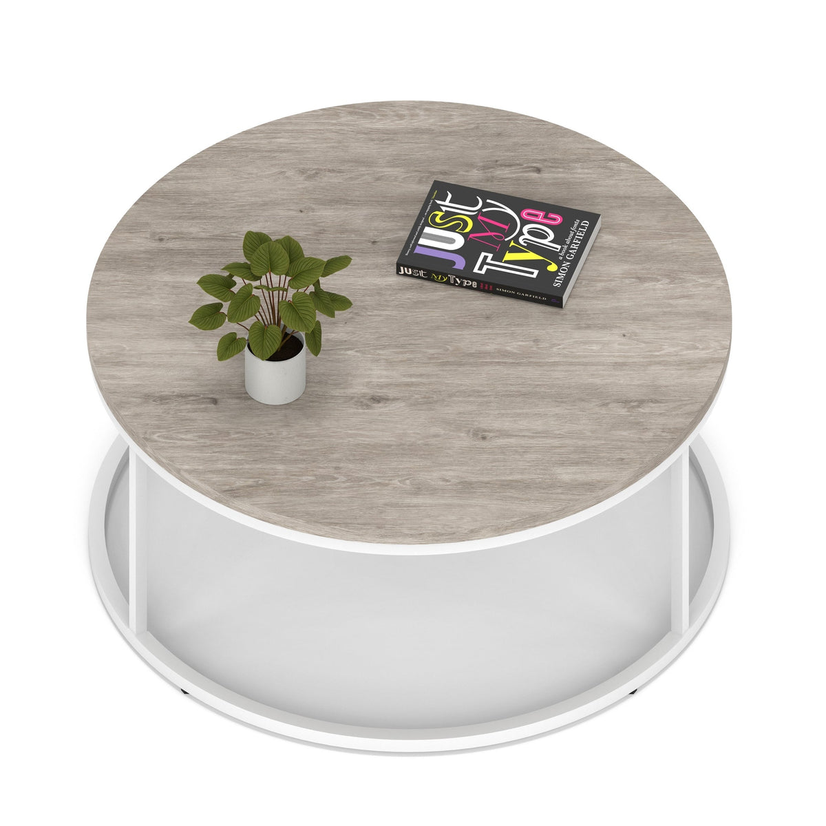 Impulse Round Coffee Table with Metal Frame, grey oak top, white frame, 1000mm, view 2