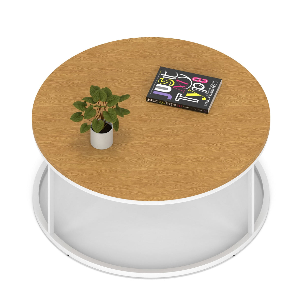 Impulse Round Coffee Table with Metal Frame, oak top, white frame, 1000mm, view 2