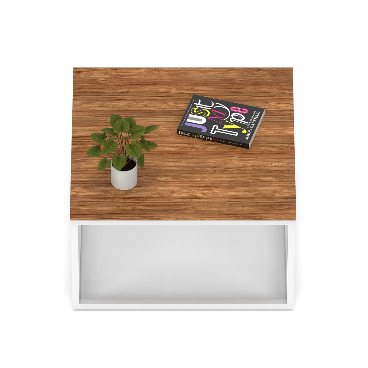 Impulse Square Coffee Table with Metal Frame, walnut top, white frame, view 2