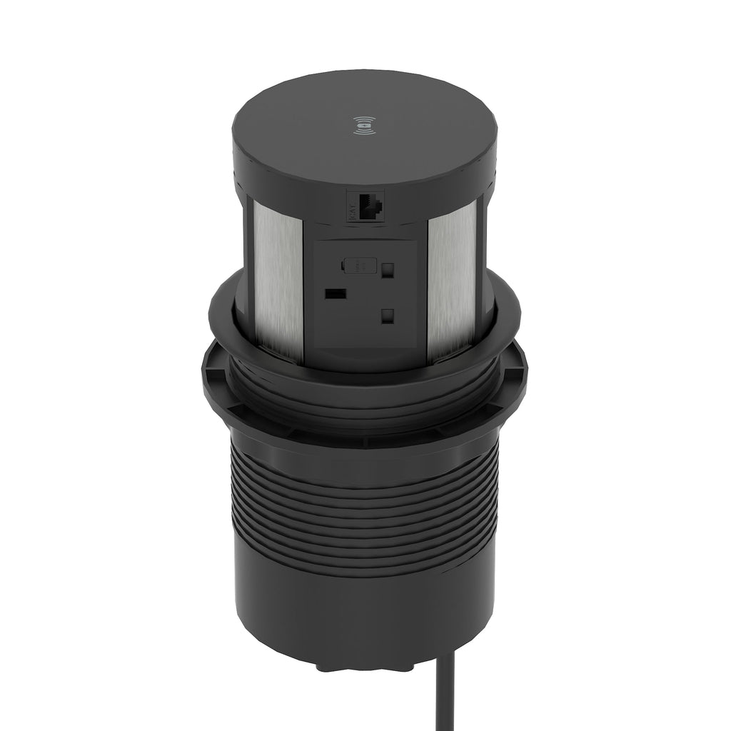 Volta Round Pop-up Power Module, 4 Sockets and Wireless Charger, black, view 3