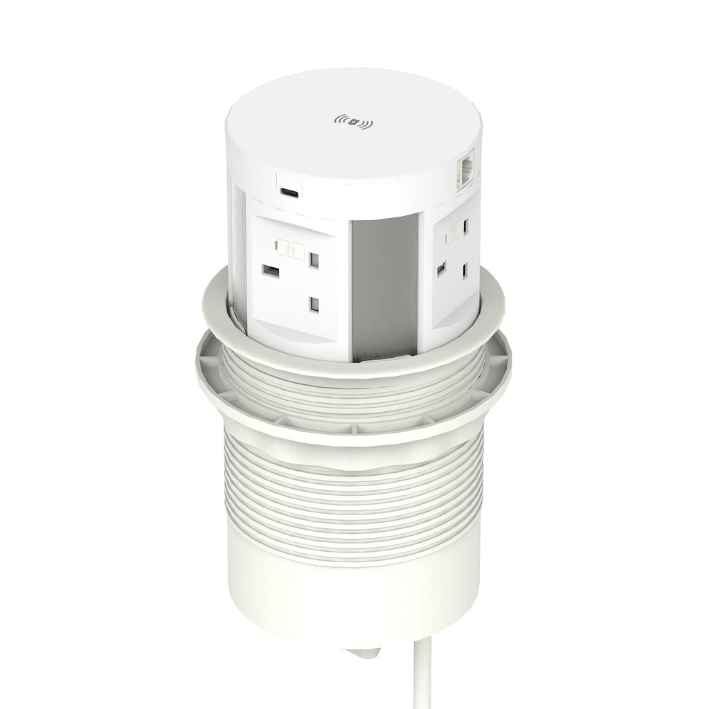 Volta Round Pop-up Power Module, 4 Sockets and Wireless Charger, white, view 2