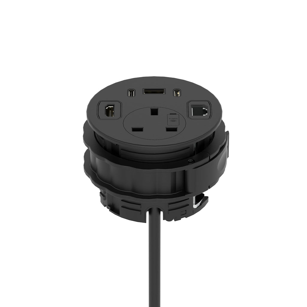 Volta Round In-Desk Power Module, 1 Socket, USB, HDMI and Data, black
