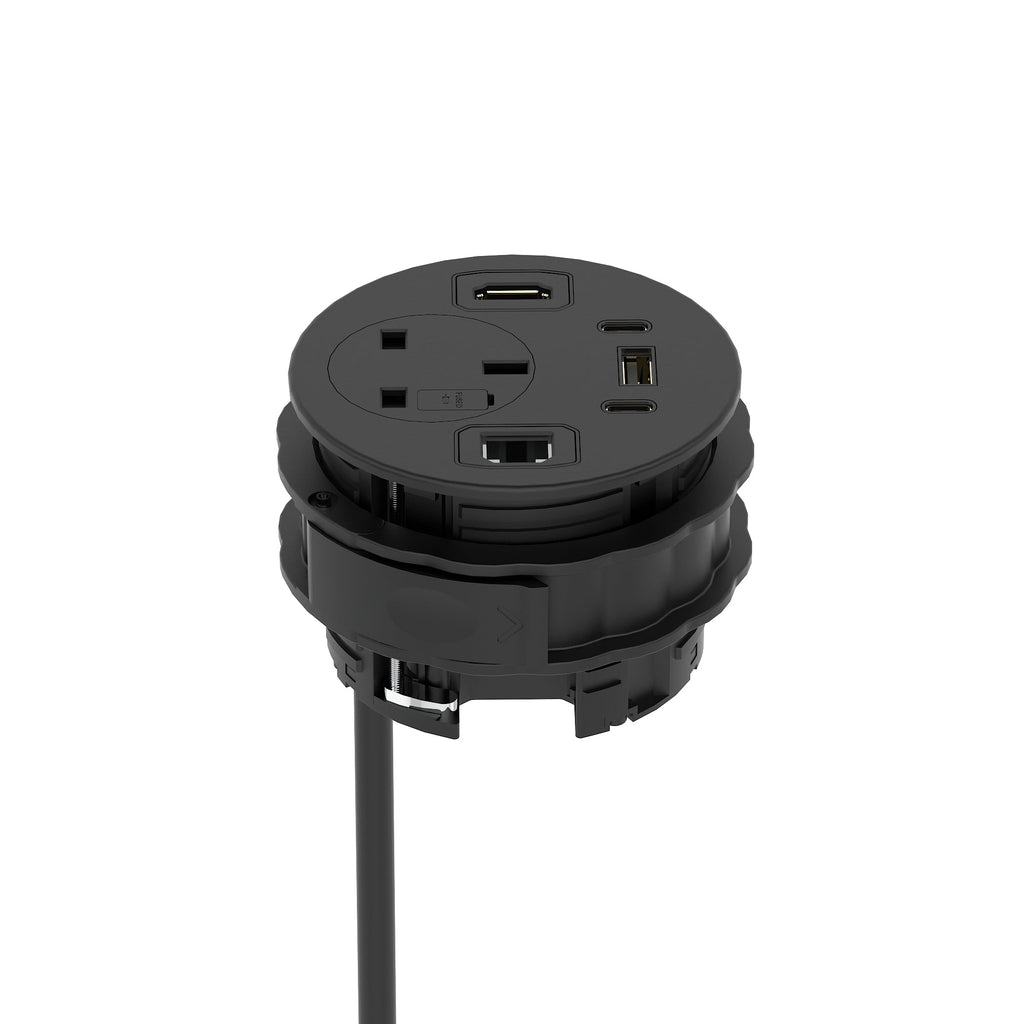 Volta Round In-Desk Power Module, 1 Socket, USB, HDMI and Data, black, view 3