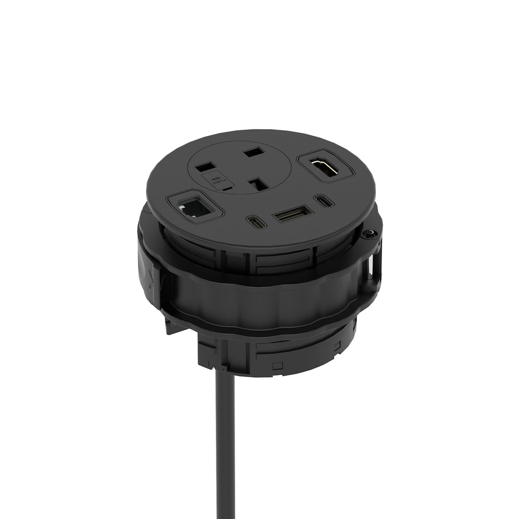 Volta Round In-Desk Power Module, 1 Socket, USB, HDMI and Data, black, view 4