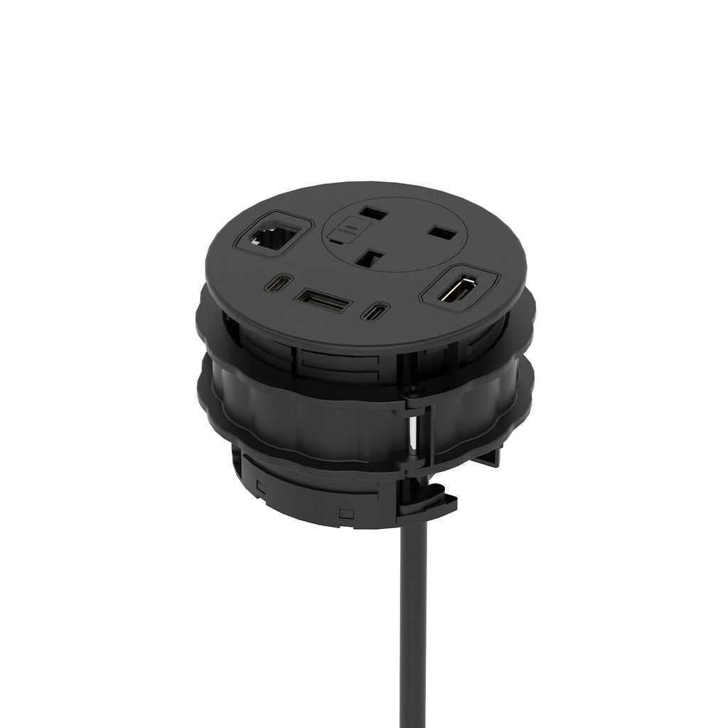 Volta Round In-Desk Power Module, 1 Socket, USB, HDMI and Data, black, view 6