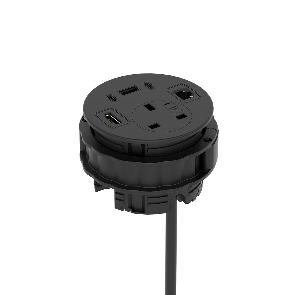 Volta Round In-Desk Power Module, 1 Socket, USB, HDMI and Data, black, view 8