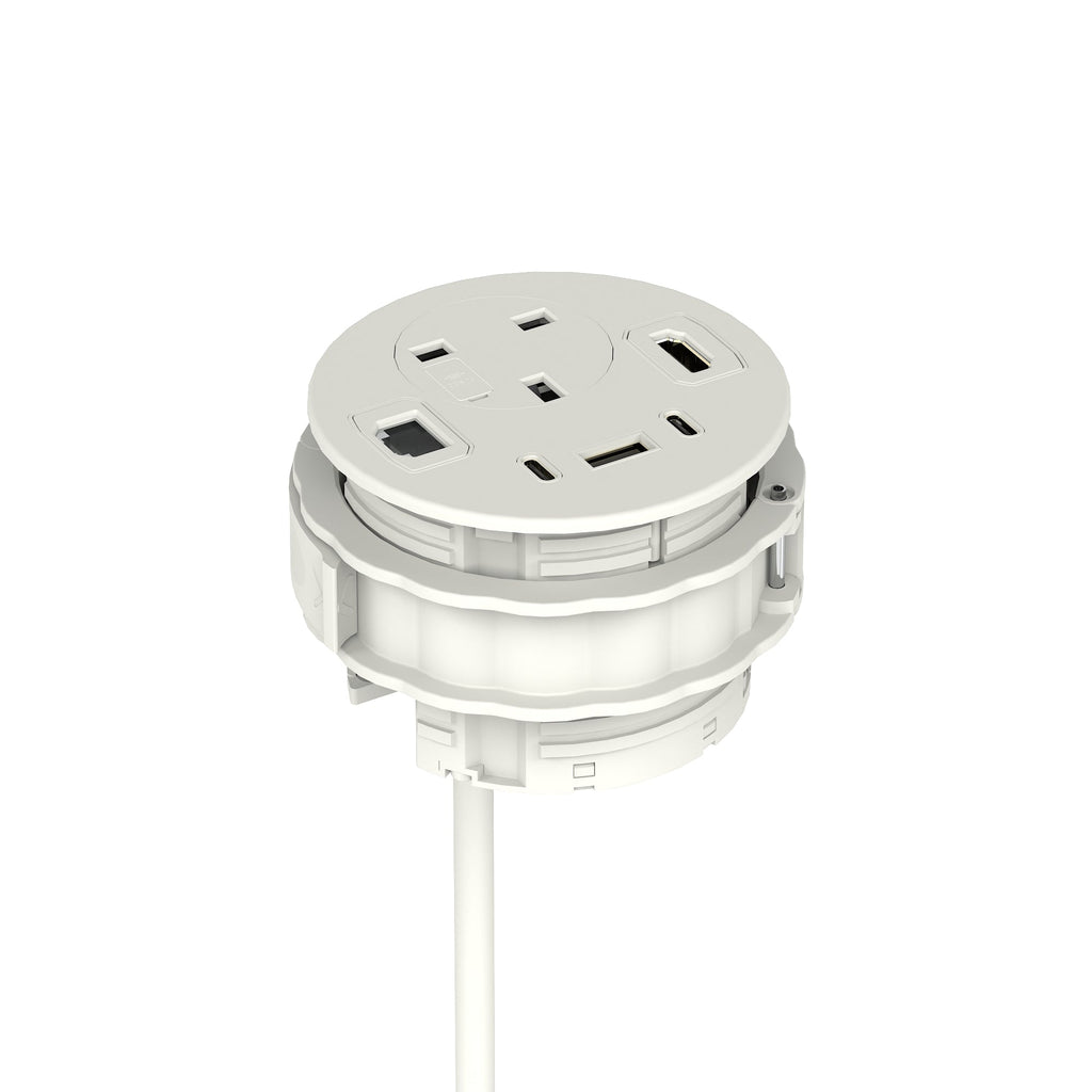 Volta Round In-Desk Power Module, 1 Socket, USB, HDMI and Data, white, view 4