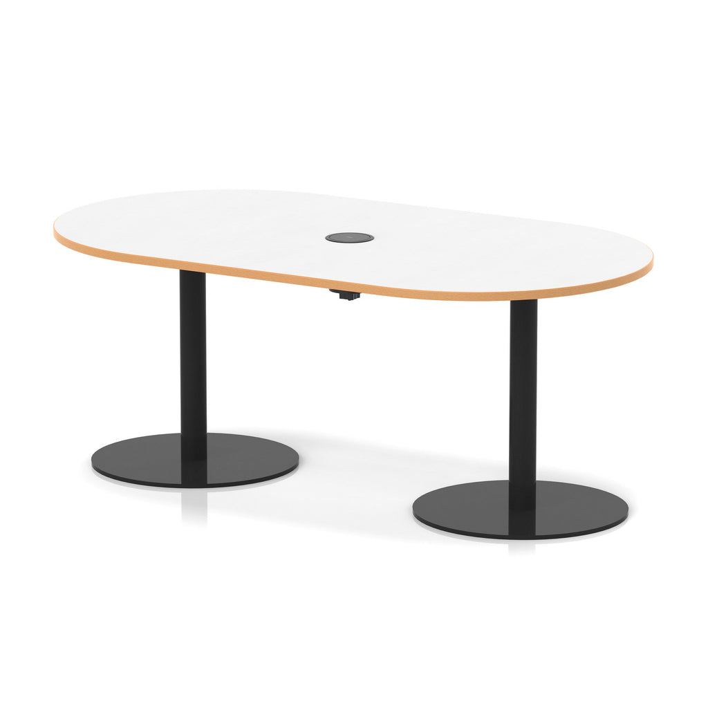 Italia boardroom table with pop-up power, 1800mm, black base, white, natural wood edge top, view 2