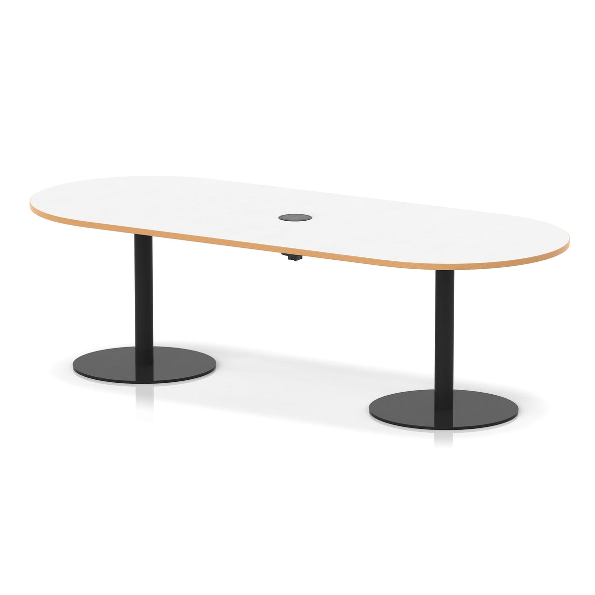Italia boardroom table with pop-up power, 2400mm, black base, white, natural wood edge top, view 2