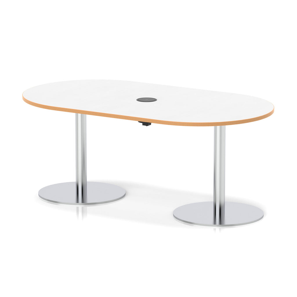 Italia boardroom table with pop-up power, 1800mm, silver base, white, natural wood edge top, view 2