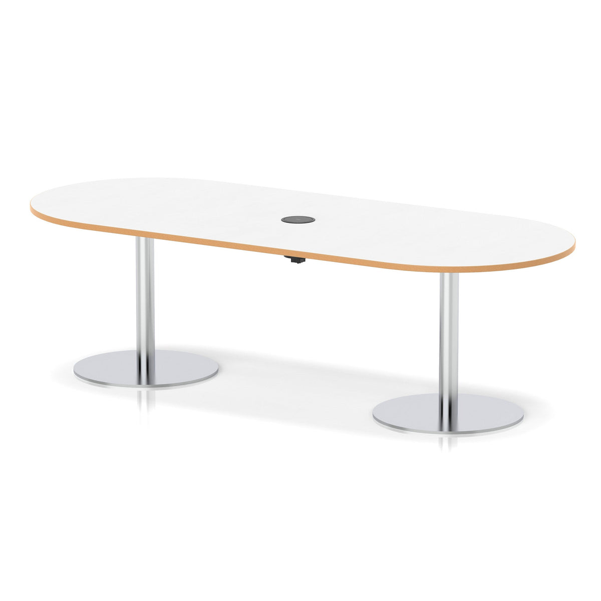 Italia boardroom table with pop-up power, 2400mm, silver base, white, natural wood edge top, view 2