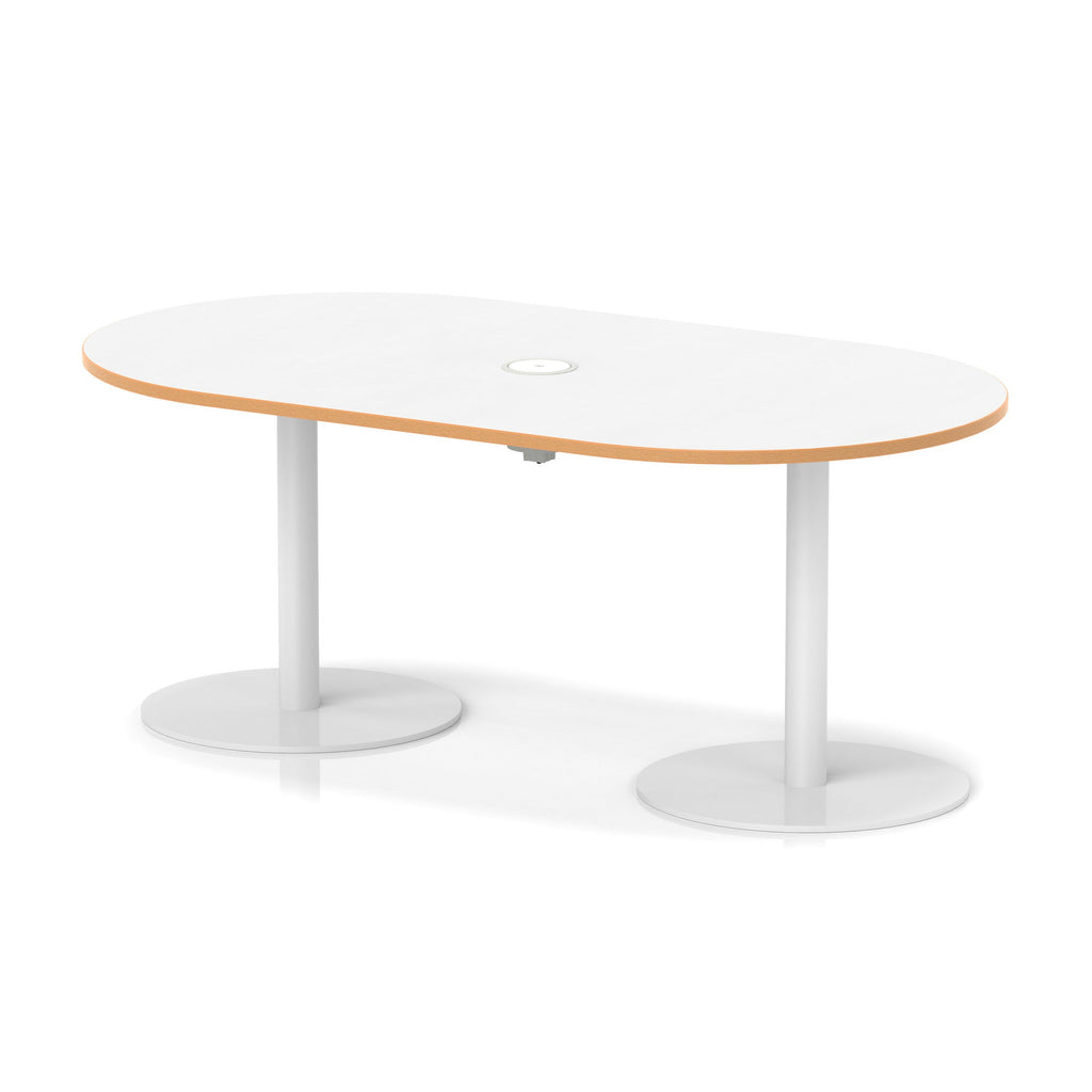 Italia boardroom table with pop-up power, 1800mm, white base, white, natural wood edge top, view 2
