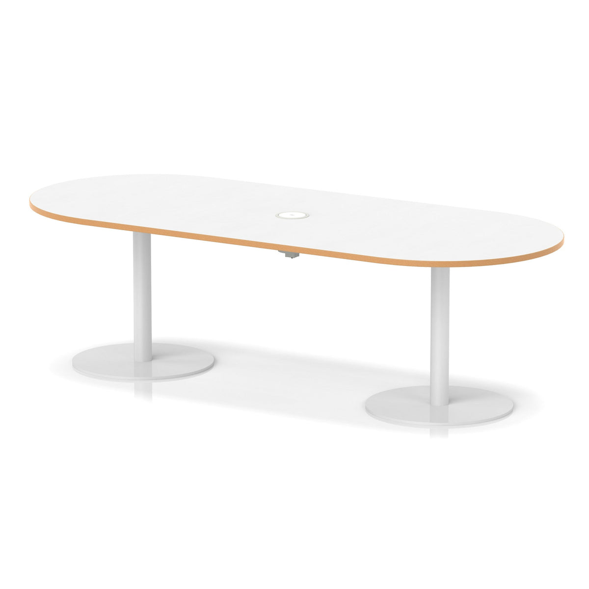 Italia boardroom table with pop-up power, 2400mm, white base, white, natural wood edge top, view 2