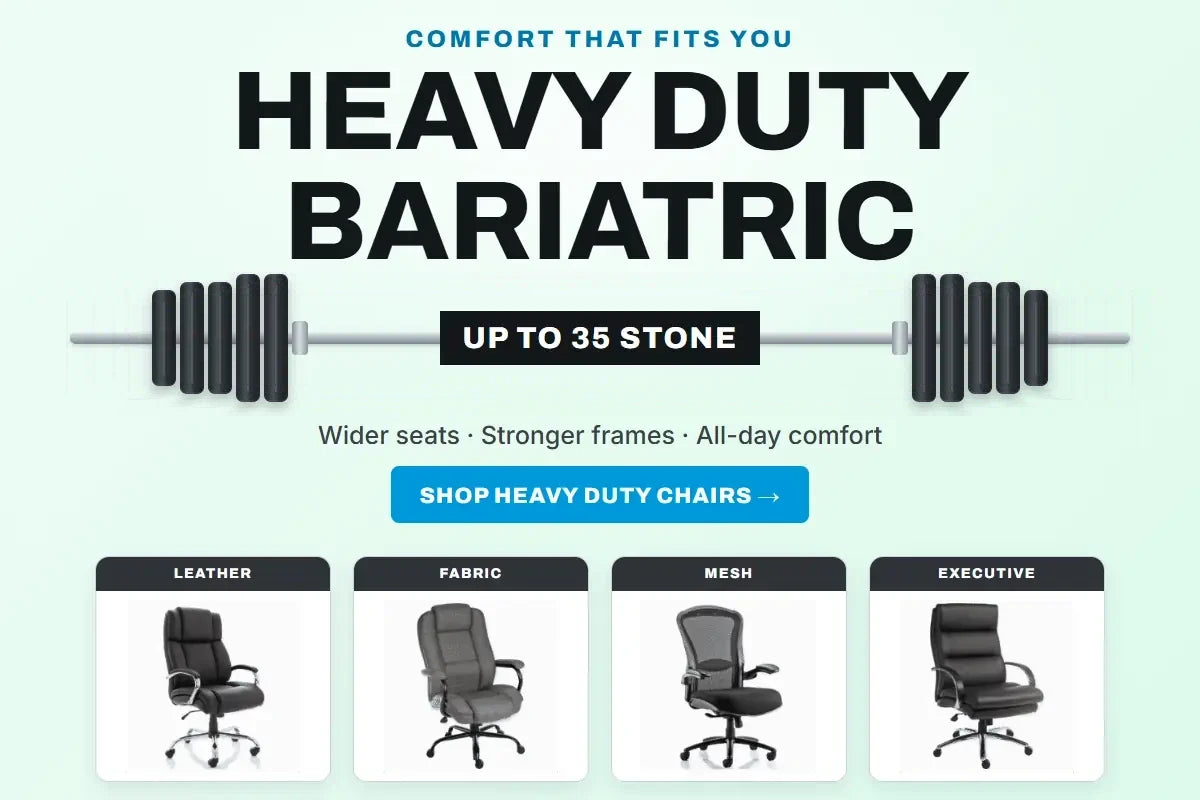 Heavy duty bariatric office chairs: comfort that fits you, up to 35 stone. Leather, fabric, mesh and executive. Wider seats, stronger frames, all-day comfort. Shop heavy duty chairs.