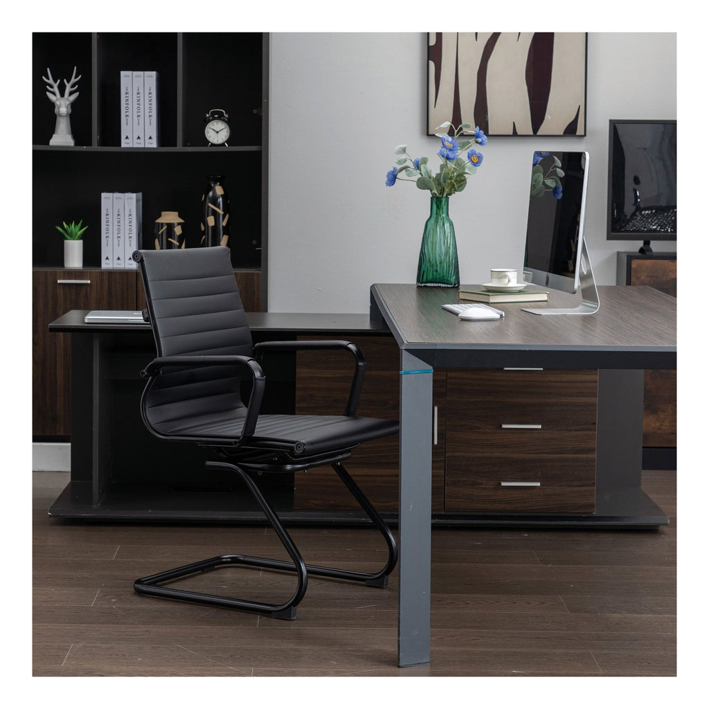 Aura Medium Back Leather Visitor Chair with Black Frame in black, view 5
