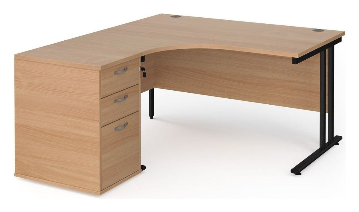 Bravo Maestro 25 Cantilever Ergonomic Corner Desk with Desk High Pedestal, 1400 x 800, left hand, black frame, beech top