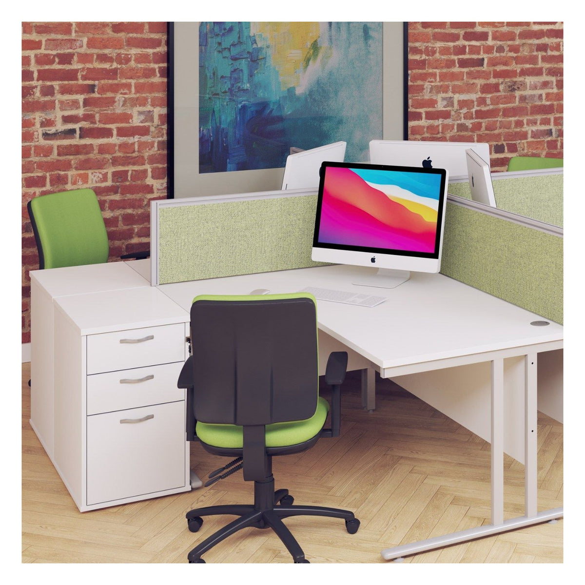Bravo Maestro 25 Cantilever Ergonomic Corner Desk with Desk High Pedestal, in an office