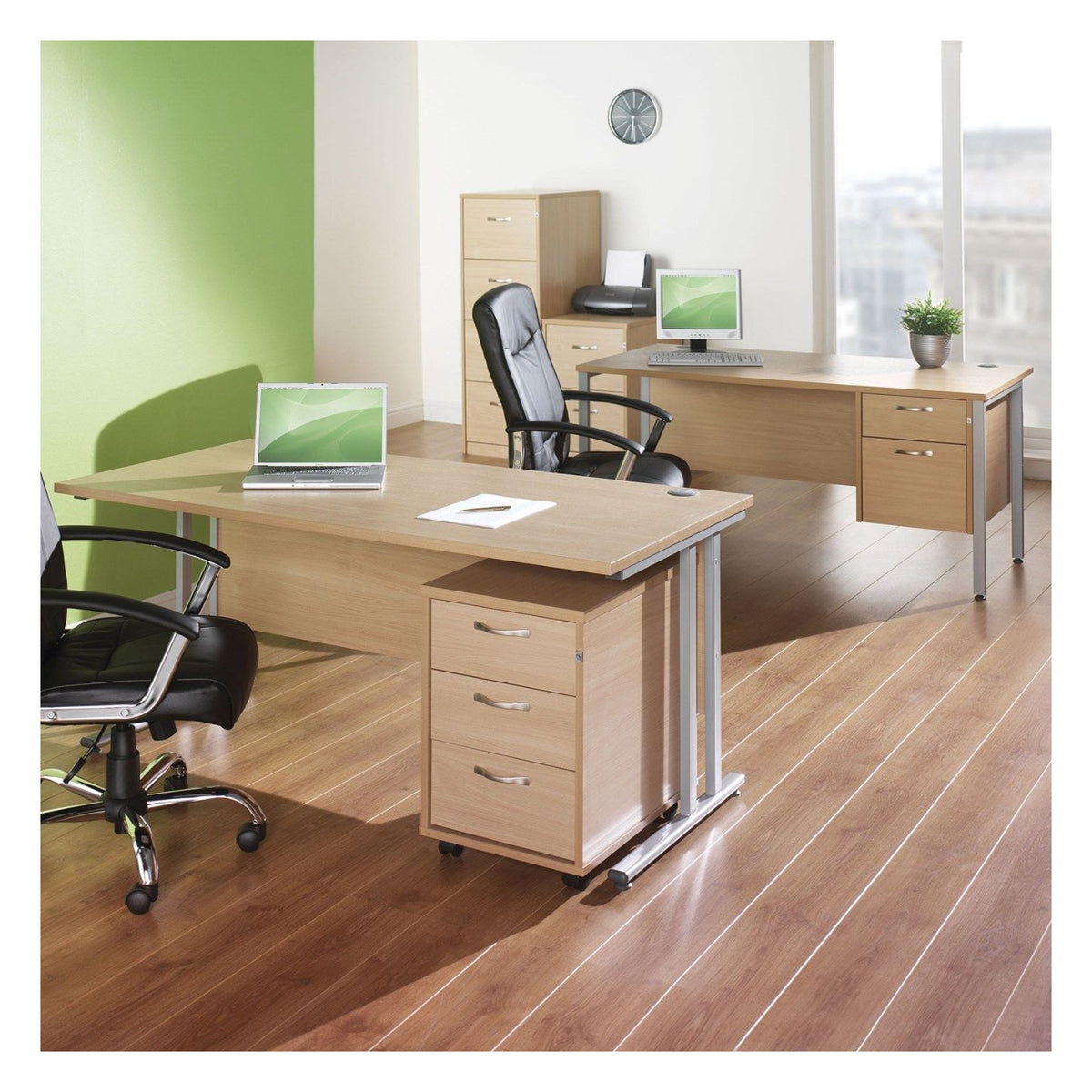 Bravo Maestro 25 Cantilever Straight Desk with Two Drawer Mobile Pedestal, in an office