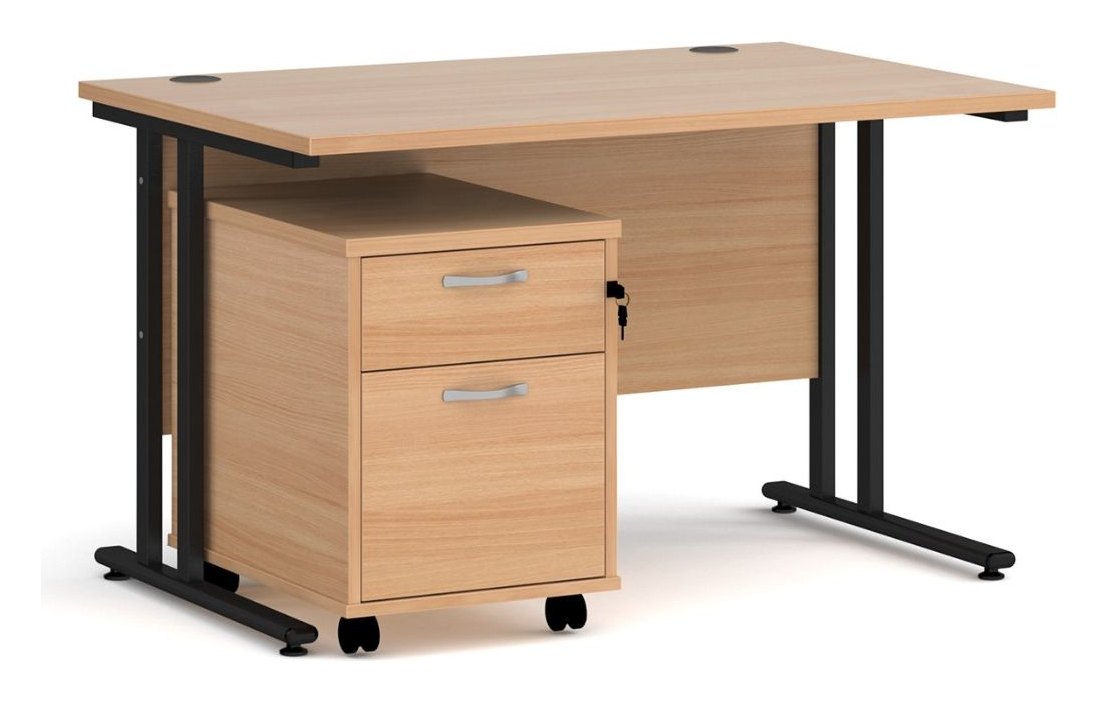 Bravo Maestro 25 Cantilever Straight Desk with Two Drawer Mobile Pedestal, 1200 x 800, black frame, beech top