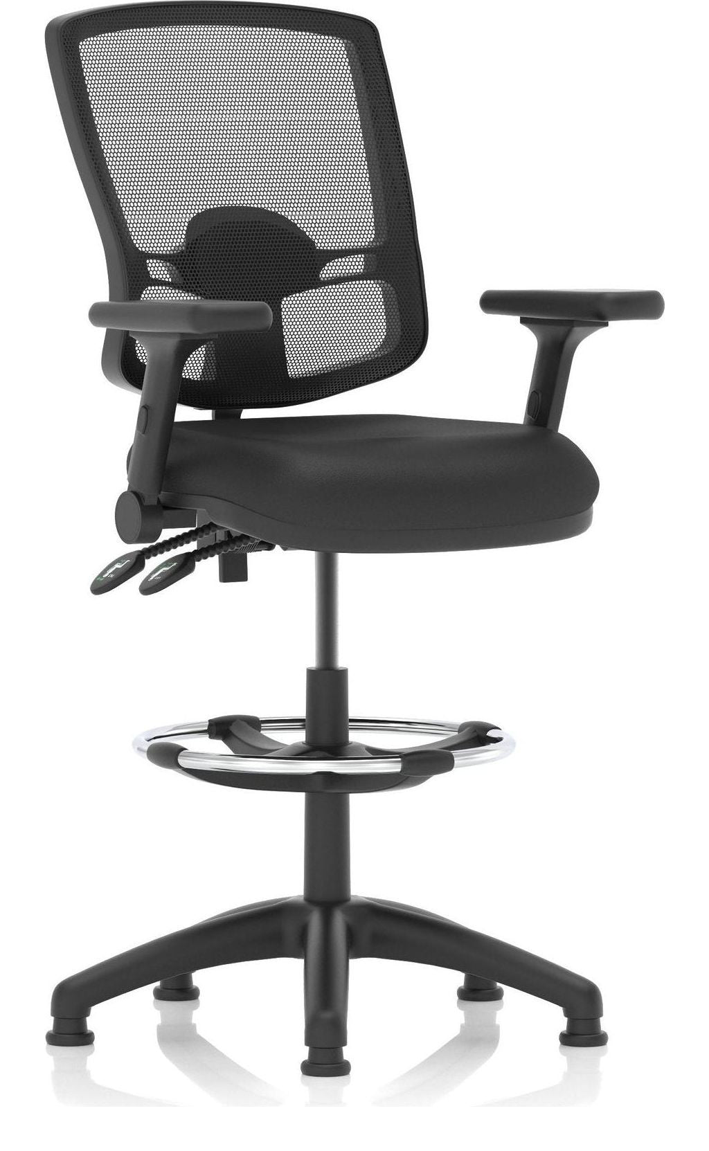Eclipse Plus II Deluxe Mesh Back Task Operator Chair, black leather, with draughtsman kit, height adjustable folding arms