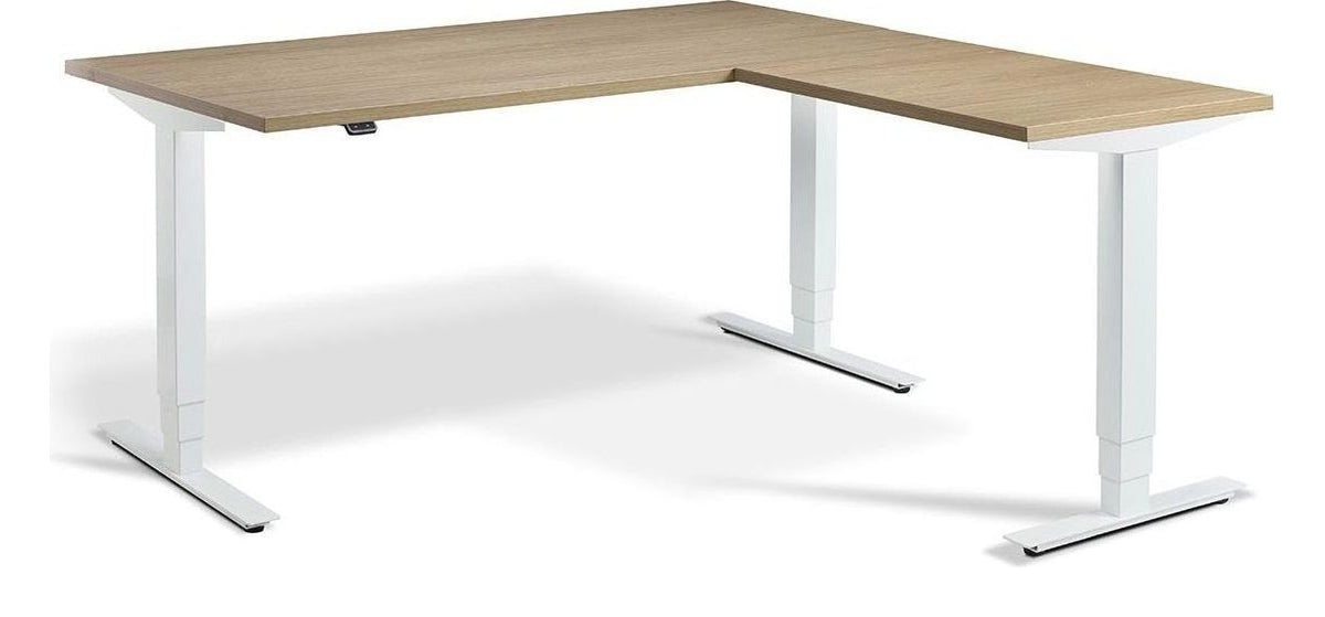 Apex Advance Corner Height Adjustable Desk, white frame, natural oak top
