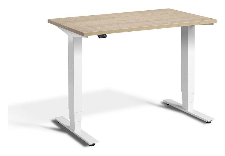 Apex Advance Mini Compact Height Adjustable Desk, white frame, natural oak top