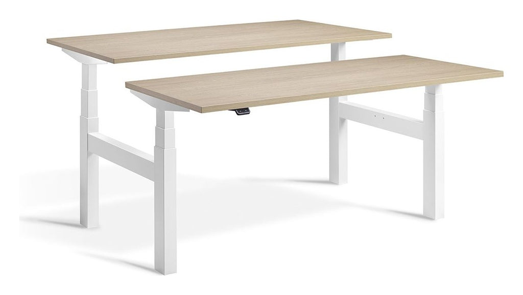 Apex Duo Heavy Duty Back to Back Height Adjustable Desks, white frame, natural oak top