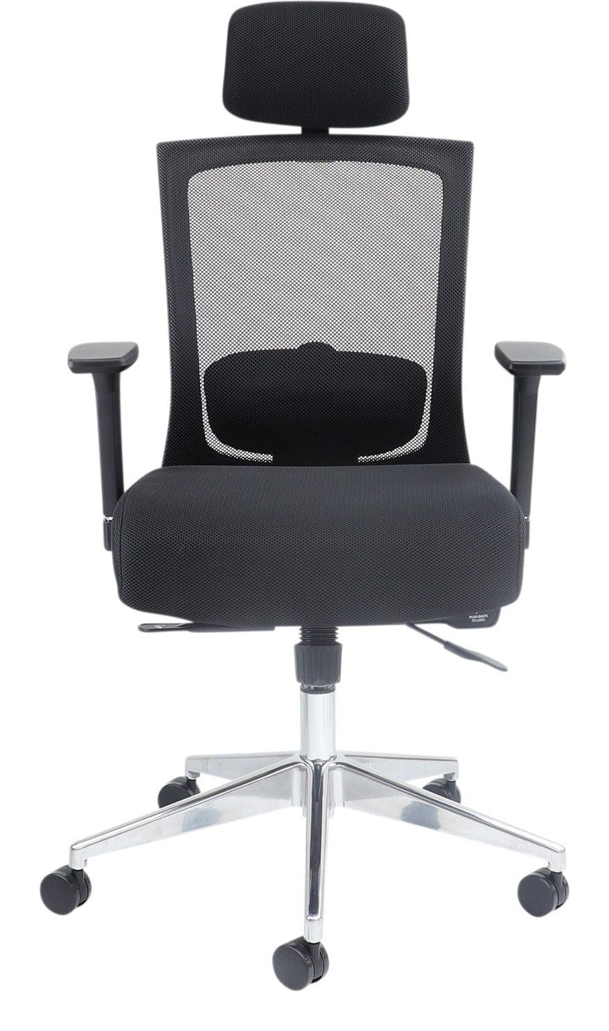 Gemini Mesh Task Chair in black, adjustable arms and headrest from the front
