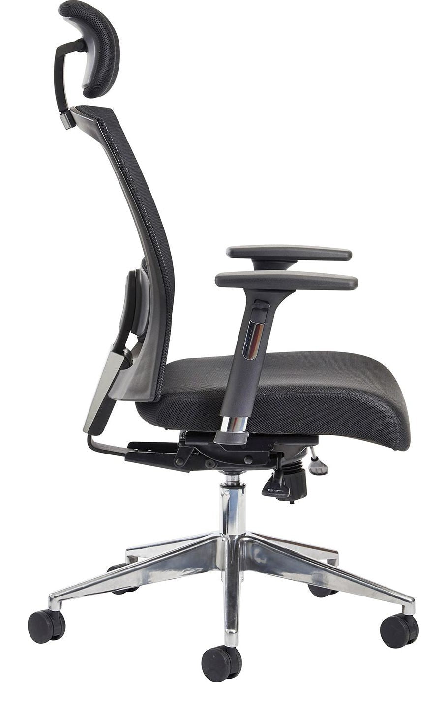 Gemini Mesh Task Chair in black, adjustable arms and headrest from the side