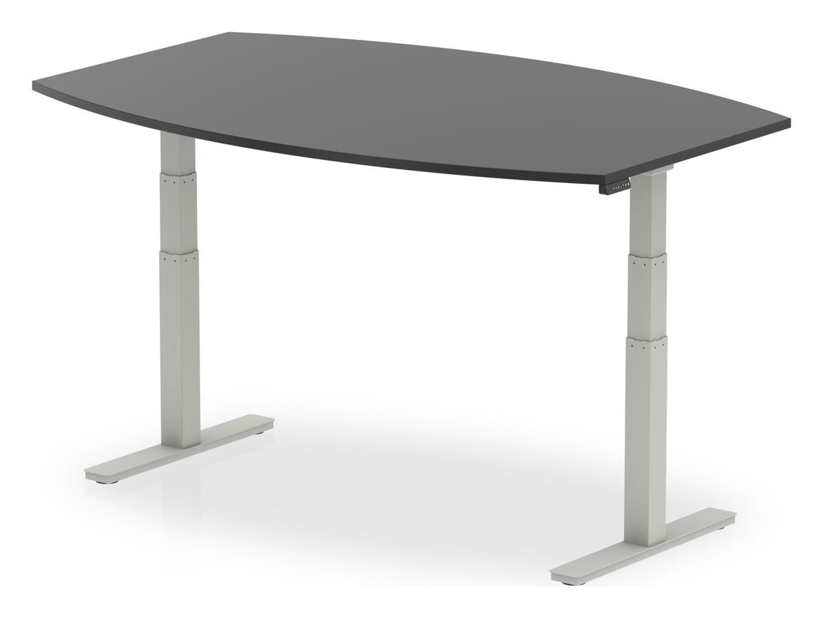 High gloss writable height adjustable boardroom table, 1800 x 1200, silver frame, in black