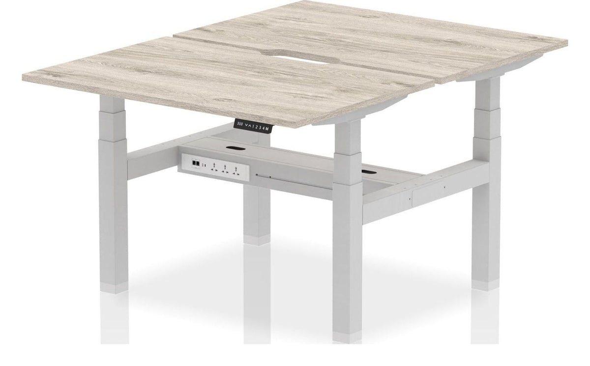 Impulse Air back-to-back scalloped edge sit-stand desk, pod of 2, 1200mm wide each, silver frame, grey oak top