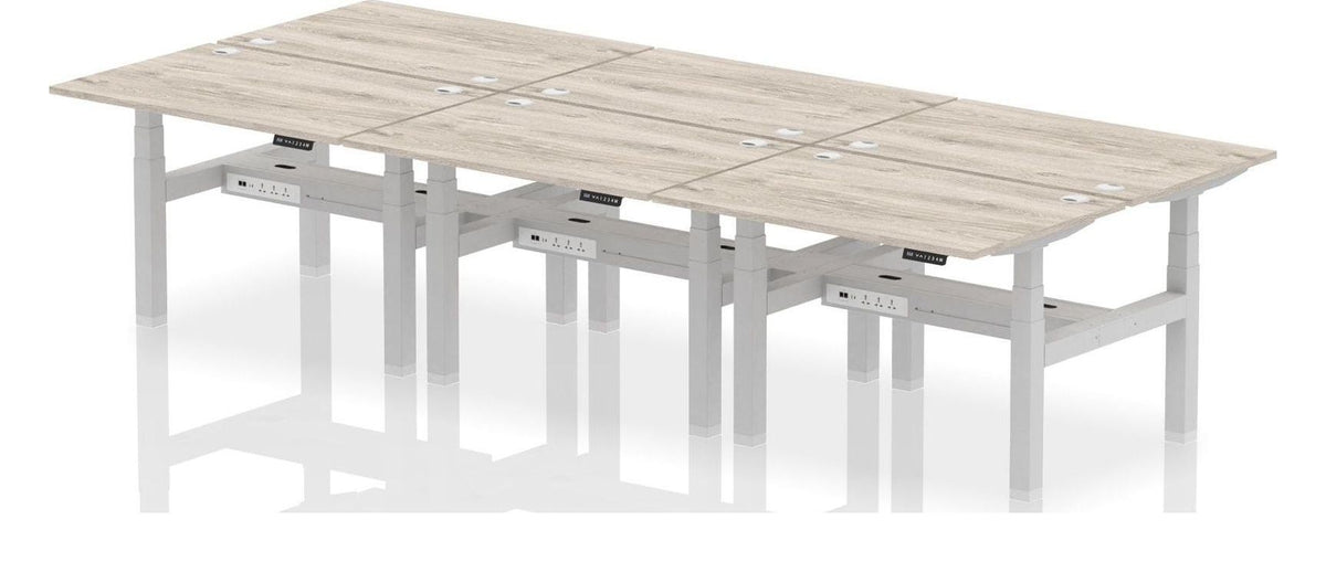 Impulse Air back-to-back sit-stand desk, pod of six, 1200 x 800 each, silver frame, grey oak top