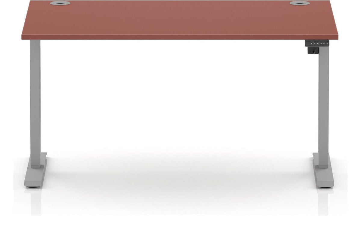 Impulse Air lite pastel sit-stand desk, 1400 x 800, silver frame, brick red top, another view 1